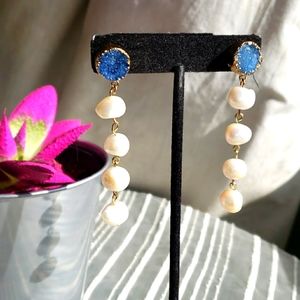 Blue Druzy Agate and Potato Pearl Drop Earrings